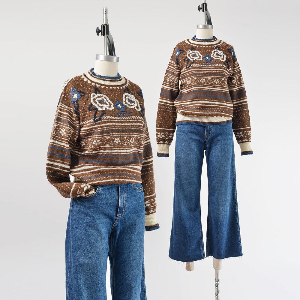 Vintage 80s Floral Embroidered Striped Fair Isle Retro Boho Sweater XS S